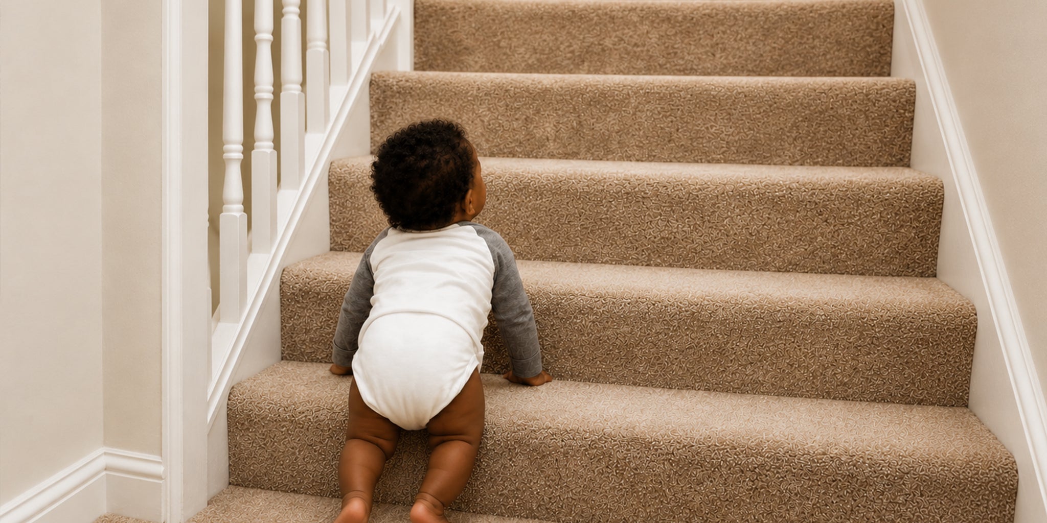 A toddler wearing a white and grey long-sleeve bodysuit crawls up a carpeted staircase indoors.