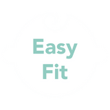 A white, stylized baby face with the words Easy Fit in teal letters in the center.