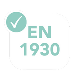 A rounded white square with EN 1930 in large light teal text and a teal circle in the top left containing a white check mark.