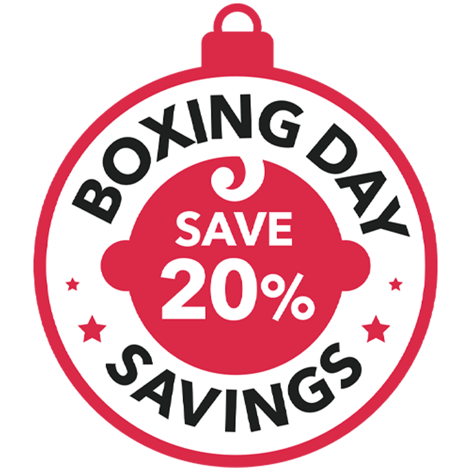 A red and white ornament-shaped graphic with the text Boxing Day Savings and Save 20% in bold letters surrounded by stars.