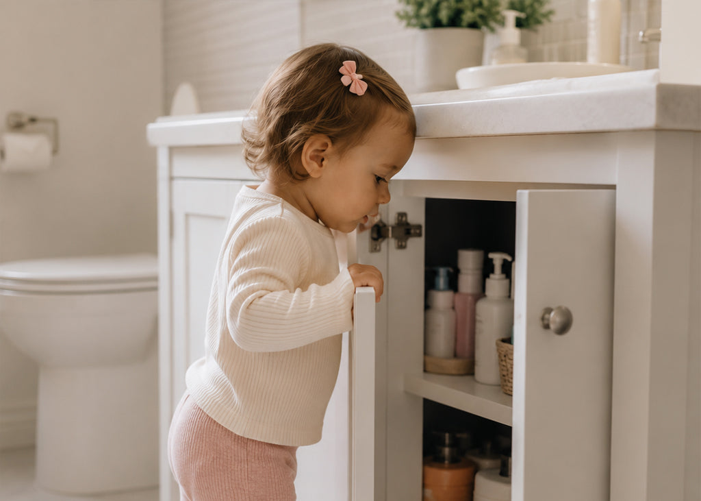 A toddler girl with a pink hair bow leans into an open bathroom vanity cabinet, looking inside at toiletries. The bathroom is softly lit with warm light, showing a white toilet and sink in the background.