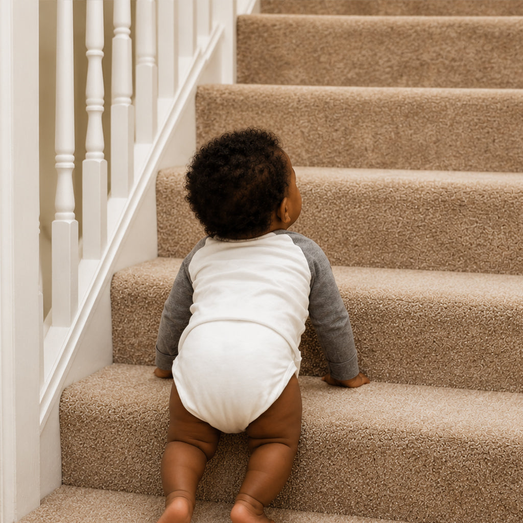 A toddler wearing a white and grey long-sleeve bodysuit crawls up a carpeted staircase indoors.