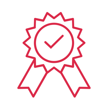 A red outline icon of a ribbon award badge with a checkmark in the centre.