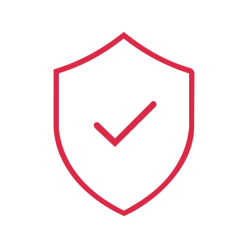 A red outline shield icon containing a check mark