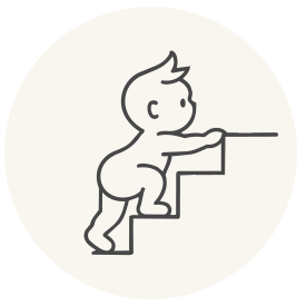 A minimalist black line icon of a baby climbing stairs inside a light beige circle