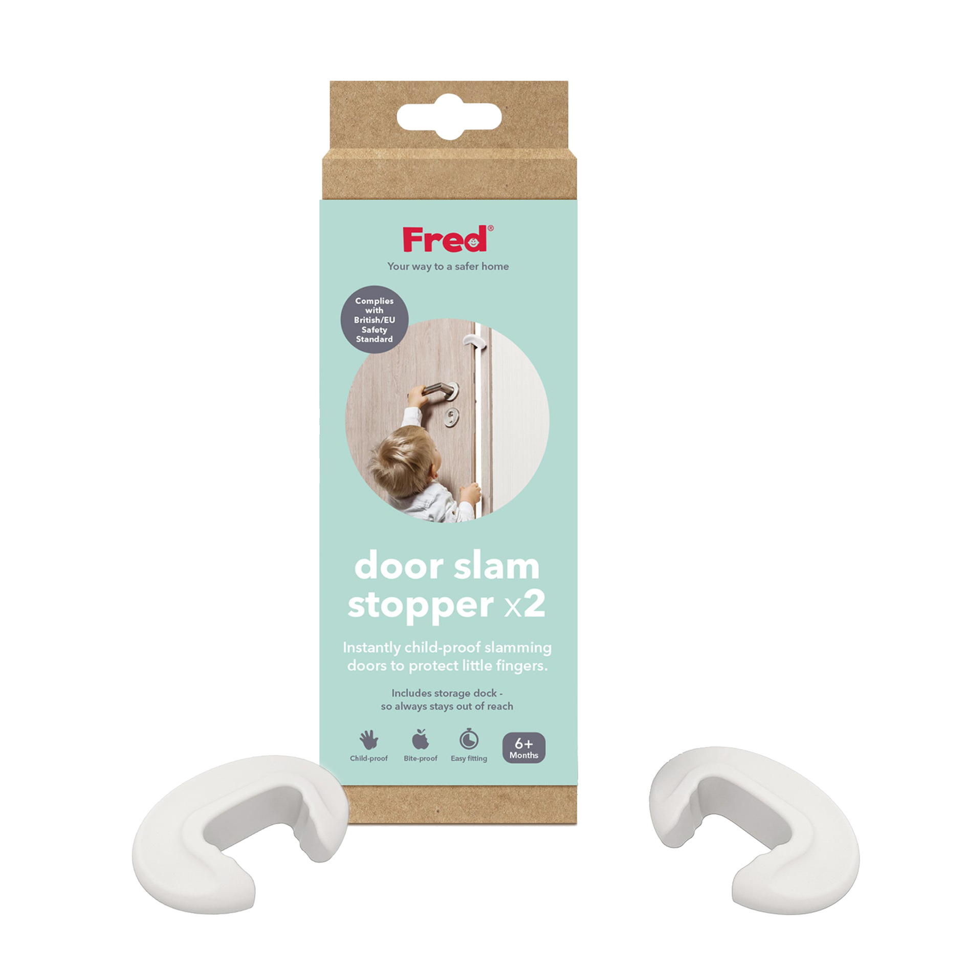Packaging for Fred door slam stopper x2 showing two white C-shaped door stoppers and a photo of a child reaching for a door. The product claims to prevent door slamming and protect children’s fingers.
