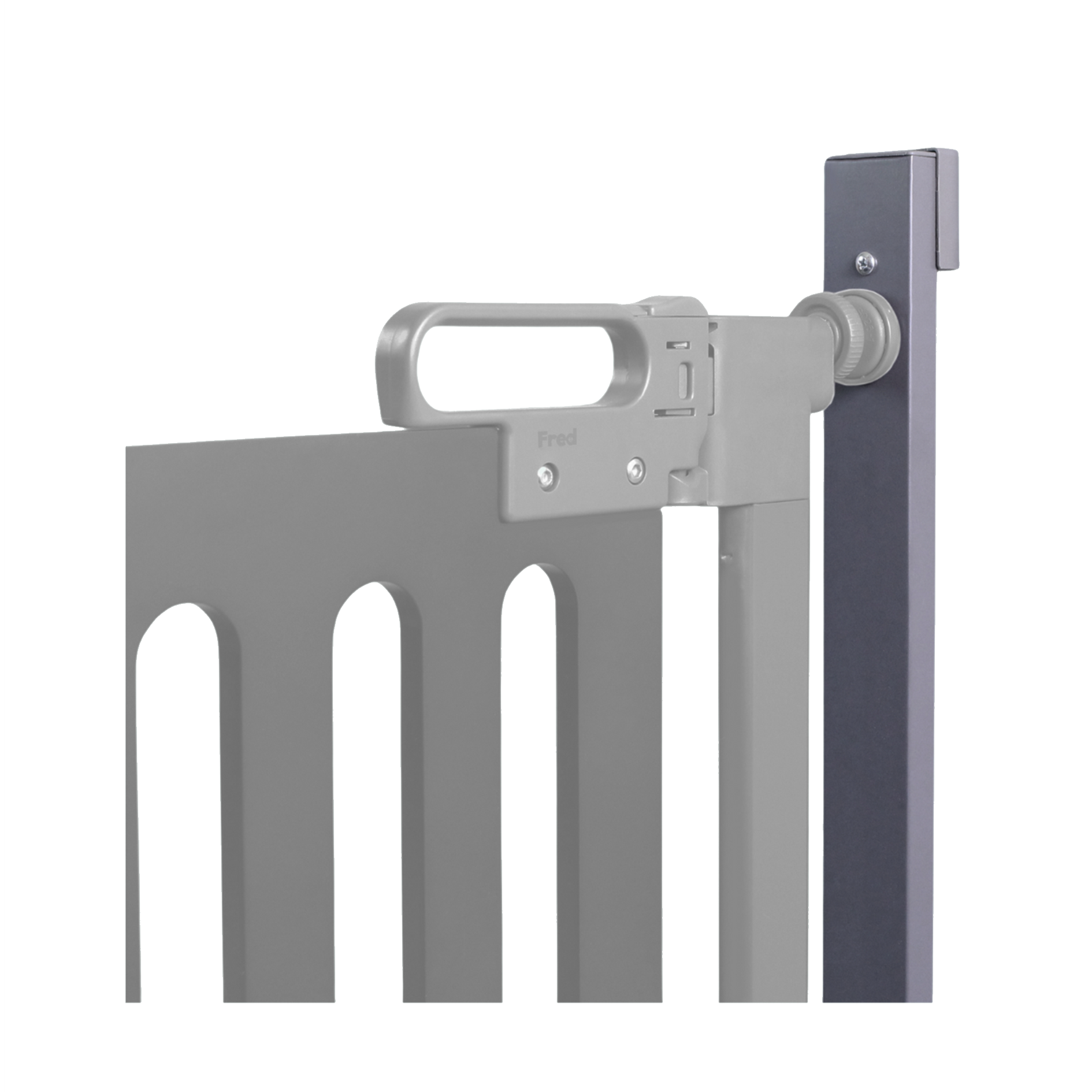 Close-up of a modern gray baby safety gate with a latch mechanism attached to a dark vertical post, set against a plain white background.