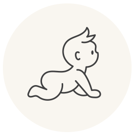 A minimalist black line drawing of a crawling baby inside a light cream circular badge.