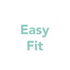 A white, stylized baby face with the words Easy Fit in teal letters in the center.