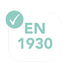 A rounded white square with EN 1930 in large light teal text and a teal circle in the top left containing a white check mark.