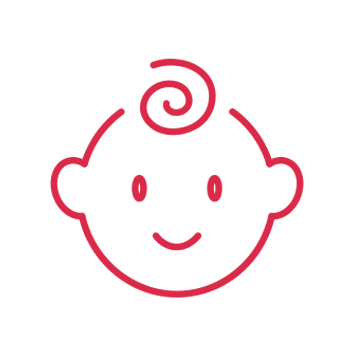 A minimalist red line icon of a baby face with a curly tuft of hair.