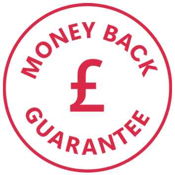 Solid red circle containing a red pound sign surrounded by the text 'money back guarantee'