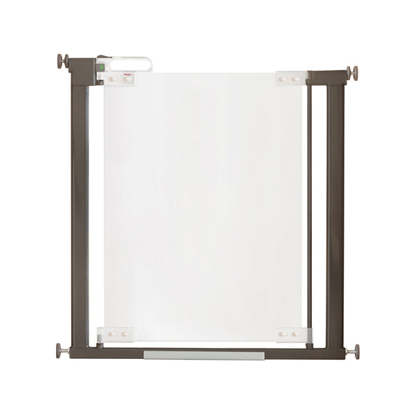 A white and brown child safety gate with a solid white center panel, mounted on dark brown vertical frames. This pressure fit stairgate features four adjustable knobs for secure installation, ideal for keeping children or pets safe.