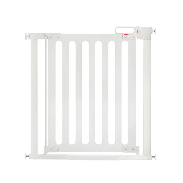 A white metal child safety gate with vertical bars and a top latch, designed to block doorways or staircases for child or pet safety.