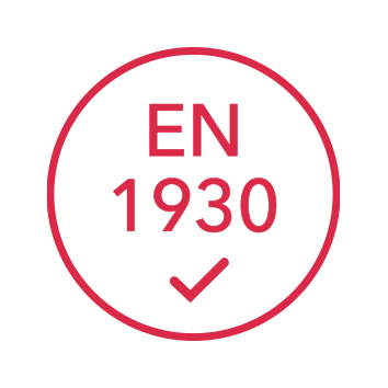 A red circular certification-style icon with the text 'EN 1930' and a check mark.
