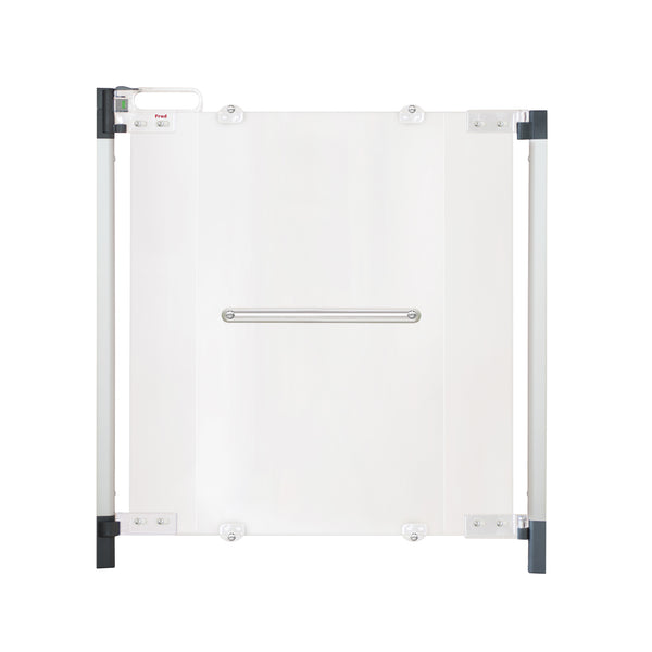 The Fred Safety Screw Fit Clear-View Stairgate by Fred Safety is a white, rectangular stair gate featuring a central metal handle and black mounting brackets at each corner.