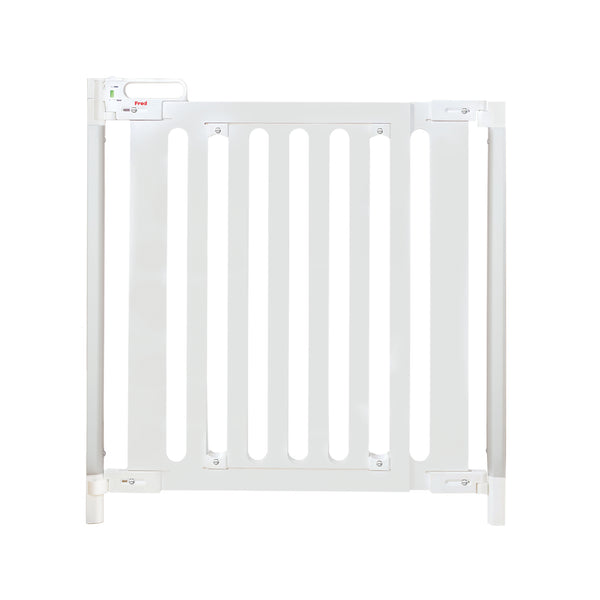 The Fred Safety Screw Fit Wooden Stairgate is a white, vertical slat gate with a top left latch, designed to childproof doorways or staircases.