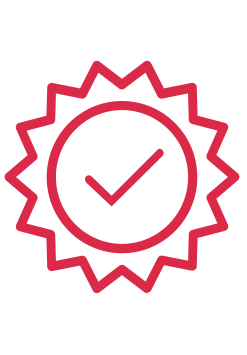 A red circular badge icon with a checkmark in the centre.